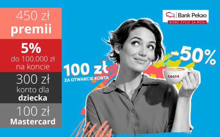 Nowość od Pekao SA! Odbierz rekordowe 450 zł premii po założeniu Konta Przekorzystnego w Pekao SA + 100 zł od Mastercard + od 150 zł do 300 zł za każde konto dla dziecka + 5% na koncie oszczędnościowym na 3 miesiące + 50% zniżki na kawę bez limitu filiżanek!