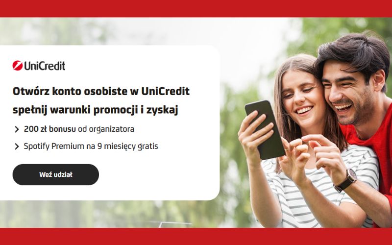 promocja konta osobistego unicredit - 200 zl - spotify premium 9 miesiecy - wiosna 2026