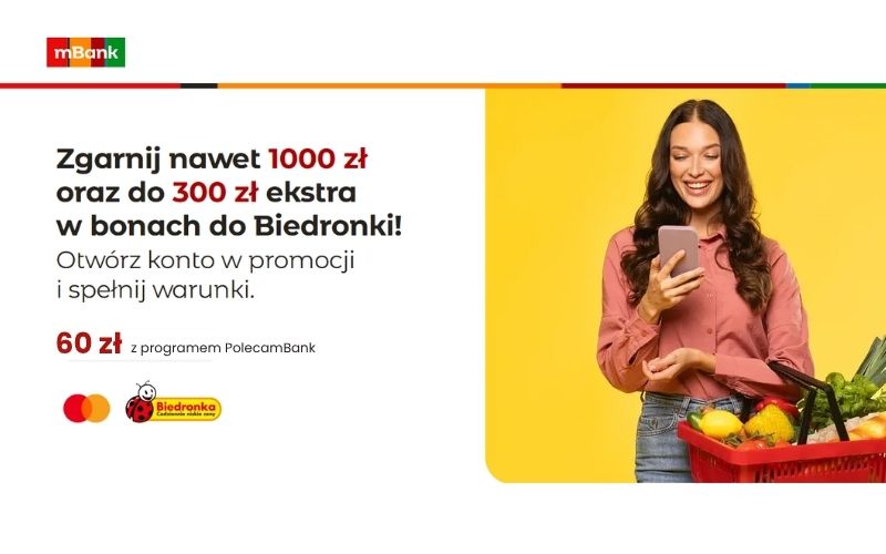 promocja mbank 1300 konto osobiste ekonto do usług - 60 program poleceń - biedronka 300 - jesien