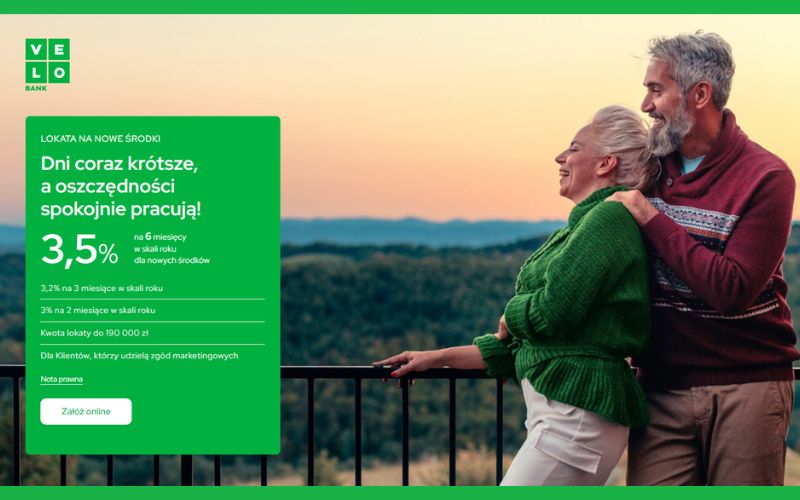 lokata na nowe środki velobank - lokata bez konta - pazdziernik - listopad 2026